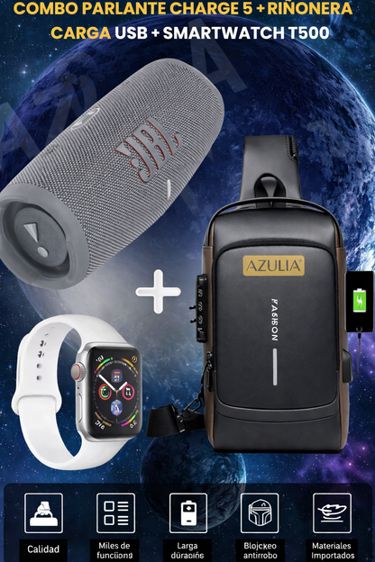 PARLANTE JBL + RIÑONERA ANTIRROBO + SMARTWATCH T500 OBSEQUIO😍